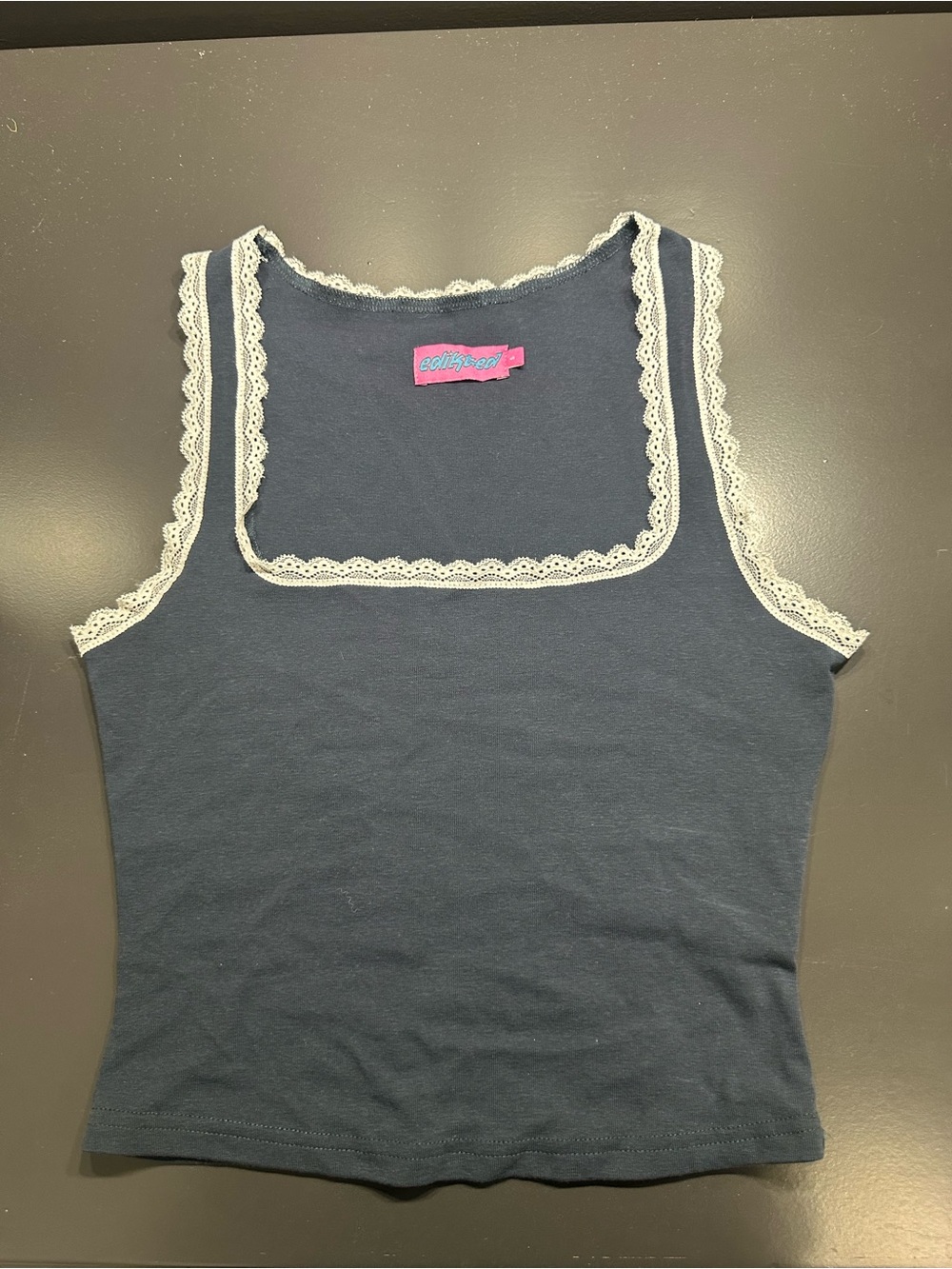 Edikted Navy Tank Top with Creamy White Lace Trim Sz S